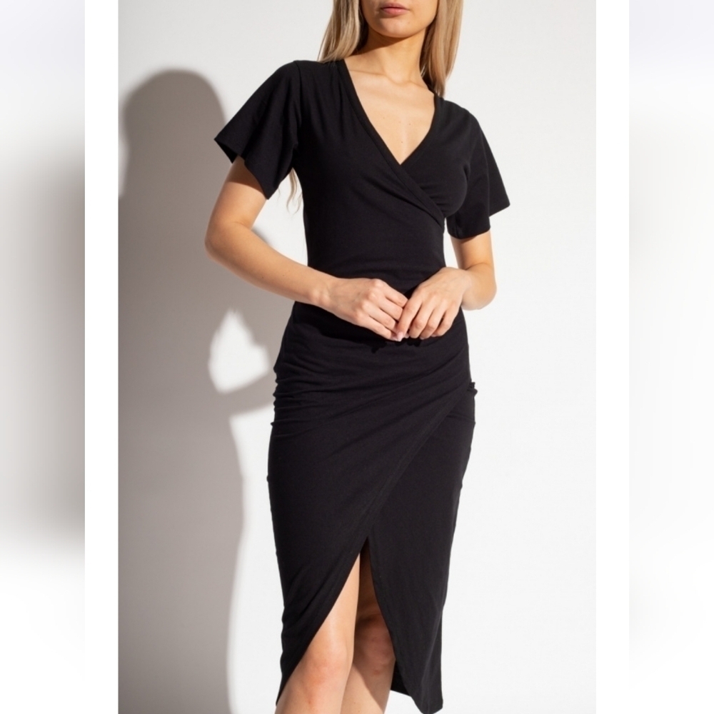 NWT IRO Black Wrap-Over Lemica Midi Dress Short Sleeve Size Medium